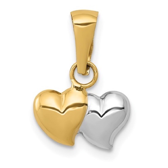 14K yellow gold w White Rhodium Mini Double Heart charm necklace Pendant 💖✨⭐️ - Picture 1 of 3